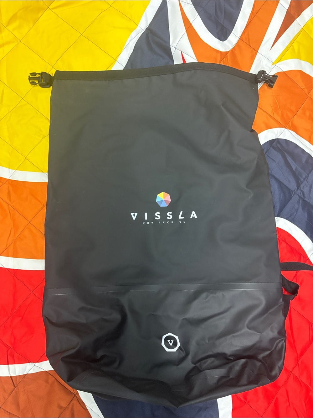 VISSLA Black Roll-Top Dry Pack Backpack with Multicolor Logo Hex Emblem